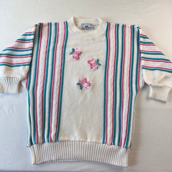 Bay Point Threads Vintage 1980's Flowers Striped Pink Blue Sweater Size Medium - Picture 1 of 6